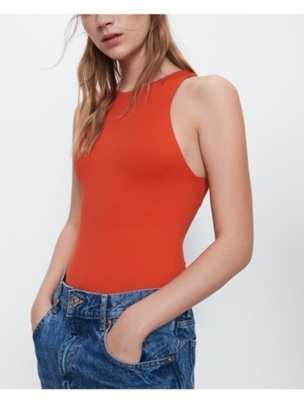 Zara Bright Orange Seamless Racerback High Neck Bodysuit Minimalist Medium Fall